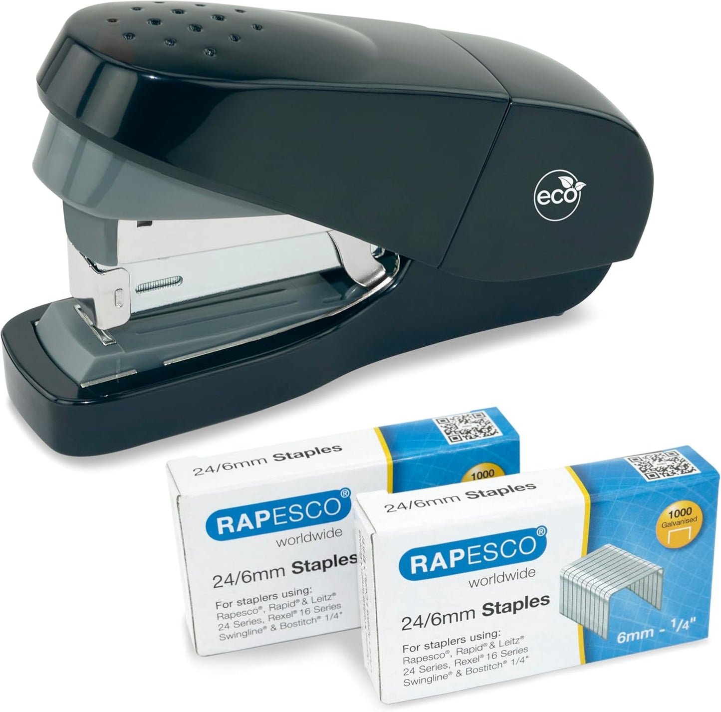 Rapesco 1688 ECO Less Effort Flat Clinch Stapler with 2000 Type 24/6mm Staples, 35 Sheet Capacity, Black