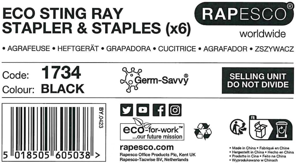 Rapesco 1734 Business Pack: 6 Germ-Savvy Antibacterial ECO Sting Ray Staplers, 20 Sheet Capacity, and 6 Boxes of 1000 24/6 mm Staples, Black