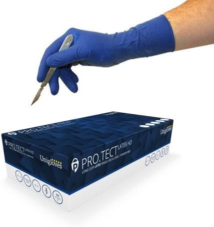 Unigloves ProTect Disposable Long Cuff Blue Latex Powder Free Gloves (Large)