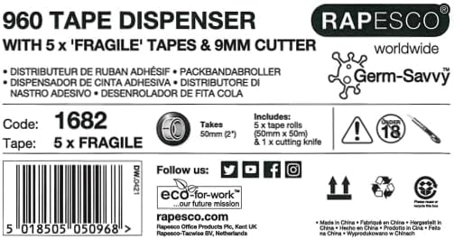 Rapesco 1682 Germ-Savvy Antibacterial 960 Packing Tape Dispenser with 5 ‘Fragile’ Packing Tapes