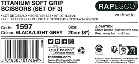 Rapesco 1597 Titanium Lightweight Soft Grip Paper Scissors, Black and Light Grey, Set of 3