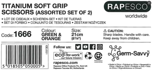 Rapesco 1666 Germ-Savvy Antibacterial, 21 cm Titanium Blade Soft Grip Handle Scissors, Assorted Colours, Pack of 2