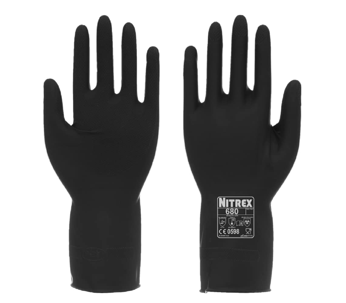 NITREX 680 Chemical Resistant Safety Gloves, Bag of 10 Pairs - Flock Lined Latex Chemical Resistant Gauntlet Gloves in Black, Size 6