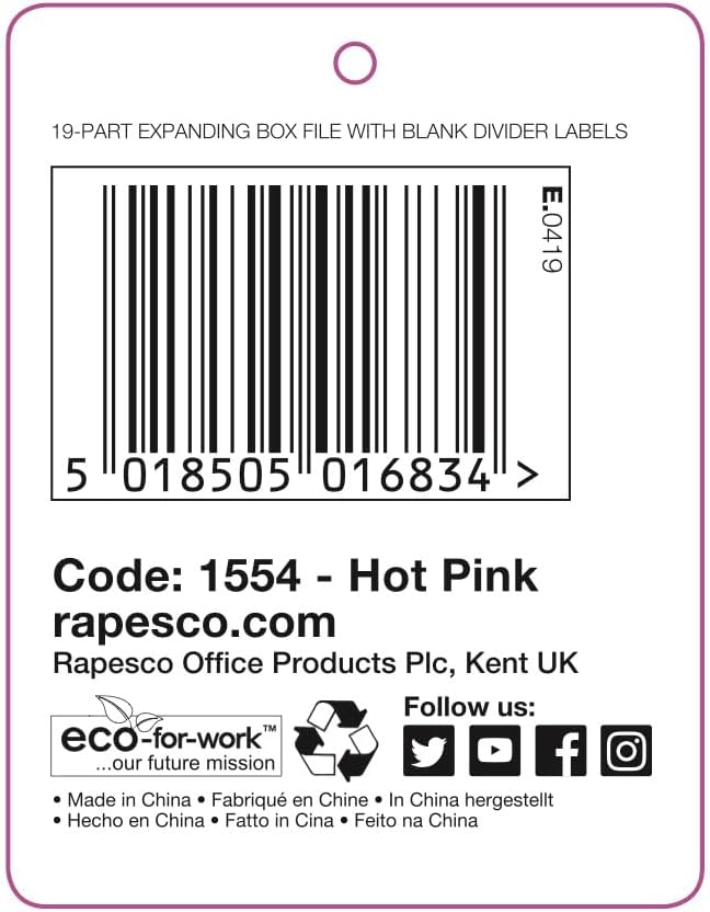 Rapesco 1554 Expanding Box File Document Organiser 19 Pocket, A4+, Hot Pink