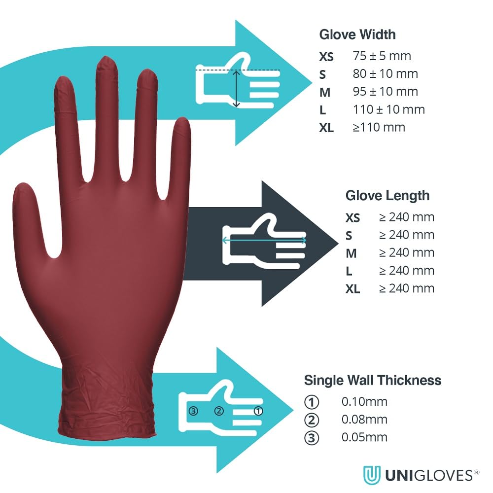 Unigloves Burgundy Pearl Nitrile Examination Gloves - Multipurpose, Powder Free and Latex Free Disposable Gloves - Box of 100 Gloves, Burgundy, Medium (GP0123)