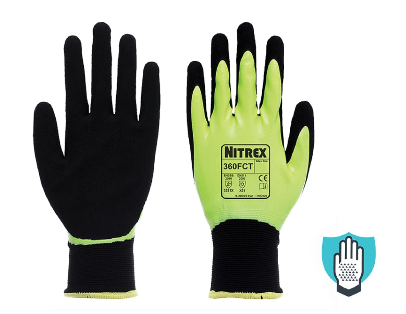 NITREX 360FCT Work and Safety Gloves, Bag of 10 Pairs - Double Dipped Thermal Yellow Gloves with Sandy Nitrile Palm Coating in Black/Neon Yellow, Size 7