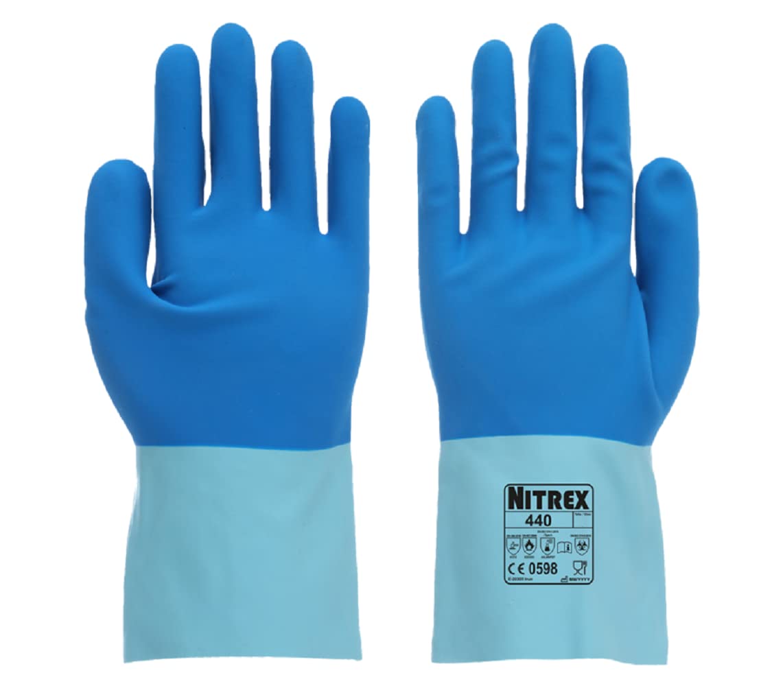 Nitrex 440 Chemical Resistant Safety Gloves, Bag of 10 Pairs, Size 7 - Cotton Lined Chemical and Heat Resistant Latex Gauntlet