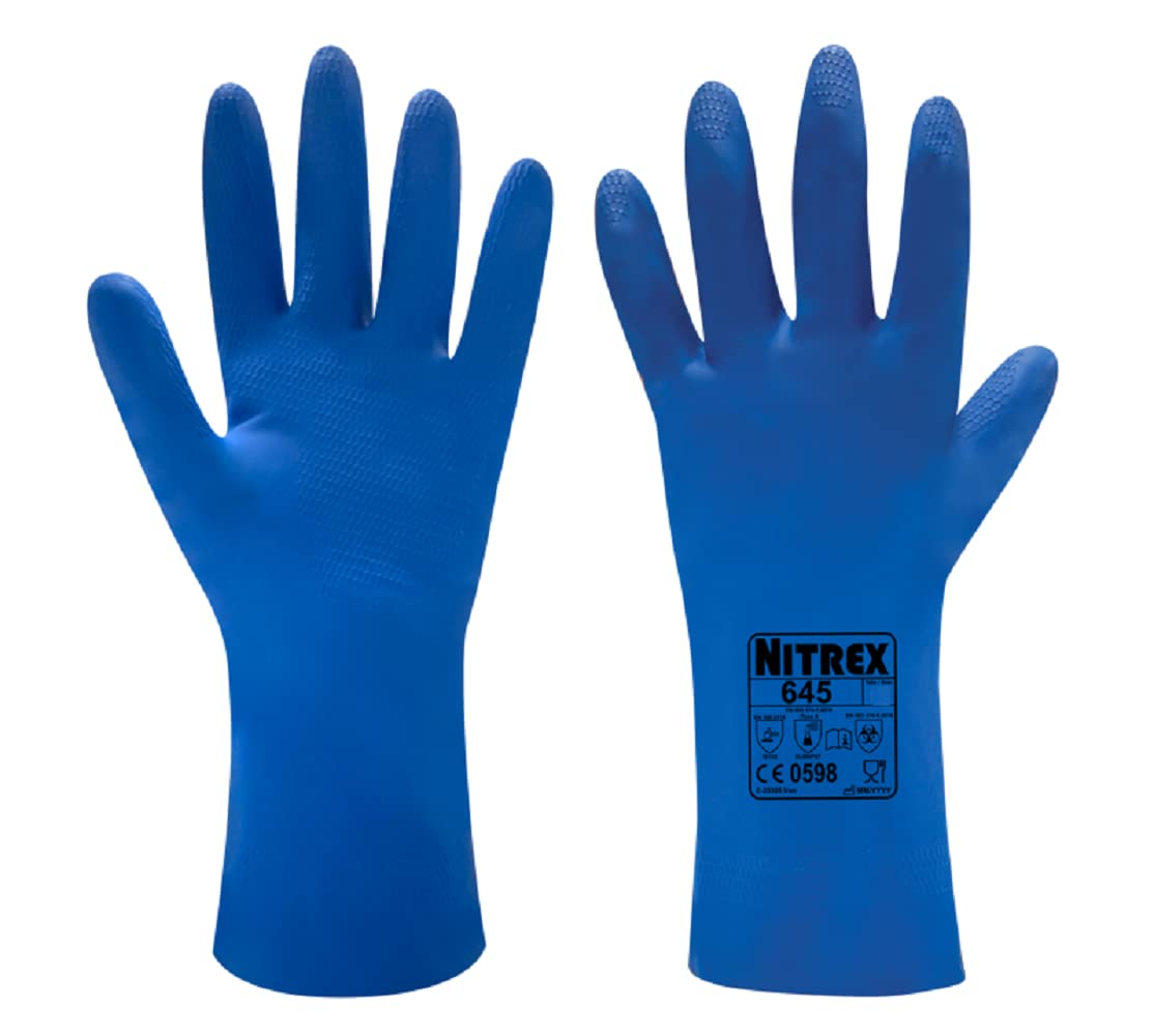 Unigloves Nitrex 645-10 pairs - Flock Lined Chemical Resistant Latex Gloves, in Blue