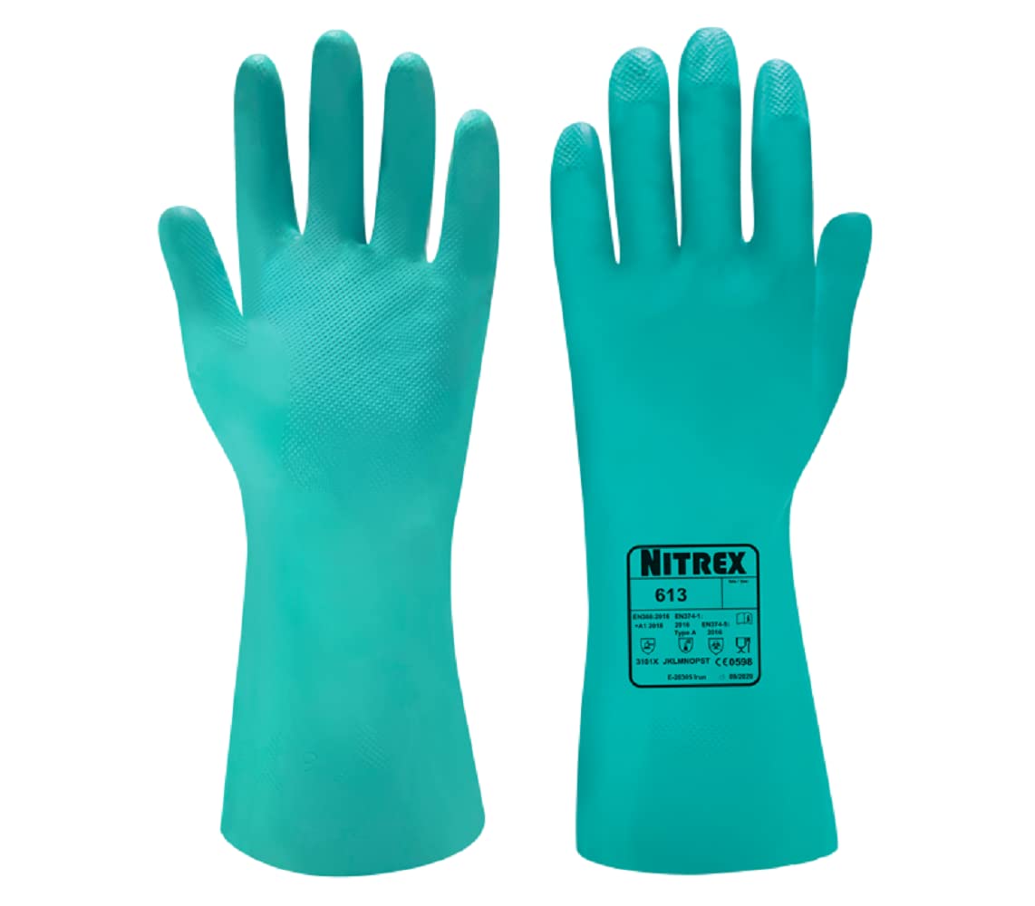 Nitrex 613 Chemical Resistant Safety Gloves, Bag of 10 Pairs, Size 6 - Flock Lined Nitrile Chemical Resistant Gauntlet Gloves
