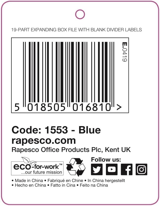 Rapesco 1553 Expanding Box File Document Organiser 19 Pocket, A4+, Blue