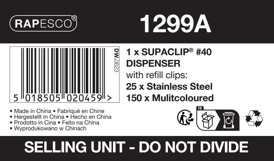 Rapesco 1299A Supaclip 40 Kit, Dispenser with 25 Stainless Steel Clips and 150 Refill Clips in Assorted Colours