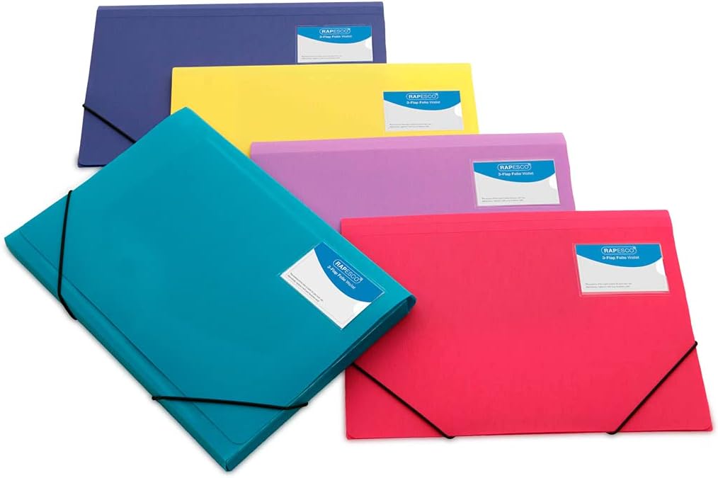 Rapesco 0720 3-Flap Folio Wallet, A4+, Bright Solid Colours, Pack of 5