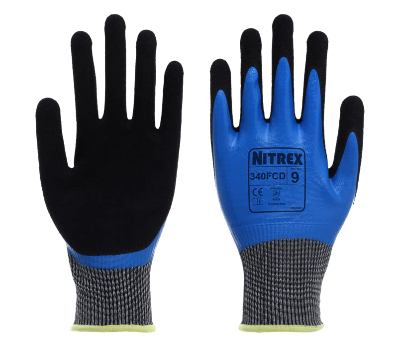 NITREX 340FCD Work and Safety Gloves, Bag of 10 Pairs - F Rated Cut Resistant Gloves with Sandy Nitrile Palm Coating in Black/Blue, Size 6
