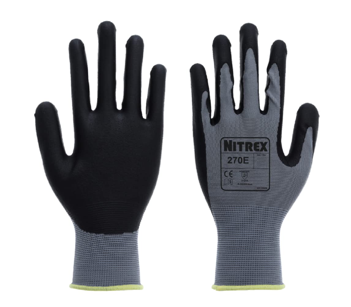 NITREX 270E Work and Safety Gloves, Bag of 10 Pairs - General Handling Gloves with Polyester Liner and Foam Nitrile Palm Coating in Grey, Size 11