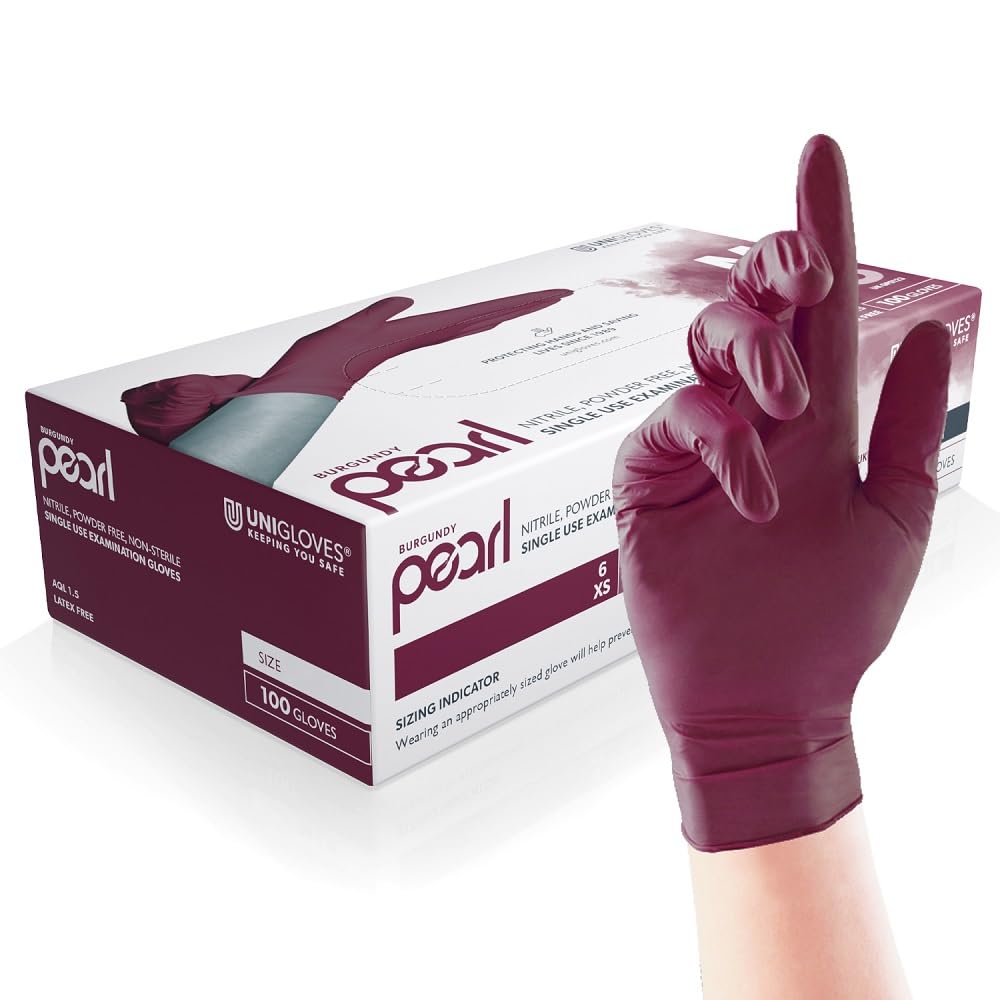 Unigloves Burgundy Pearl Nitrile Examination Gloves - Multipurpose, Powder Free and Latex Free Disposable Gloves - Box of 100 Gloves, Burgundy, Medium (GP0123)
