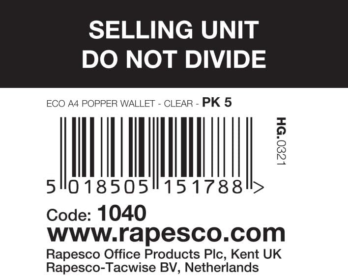 Rapesco 1040 ECO Popper Wallet, A4, Clear Transparent, Pack of 5