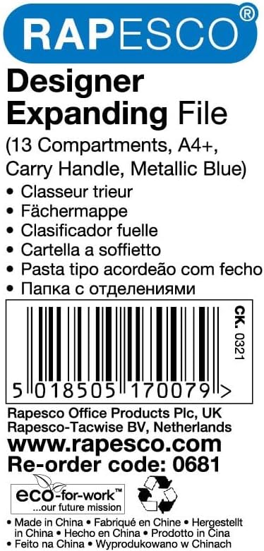 Rapesco 0681 A4+ Designer Expanding File with Handle, 13 Compartments, Blue