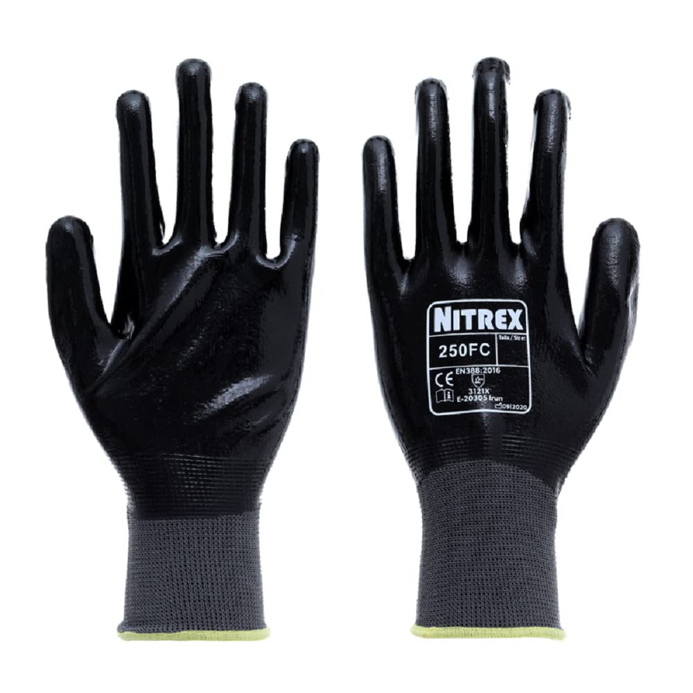 Nitrex 250FC Work Gloves - General Handling Safety Gloves - Resistant to Abrasions, Cuts, Tears, and Punctures - Full Nitrile Coating for Mechanical and Industrial Protection - 10 Pairs - Size 6