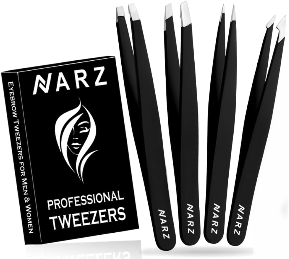 NARZ Professional Tweezers for Facial Hair Women & Men Stainless Steel Precision Tweezers for Ingrown Hair (4 Pcs)
