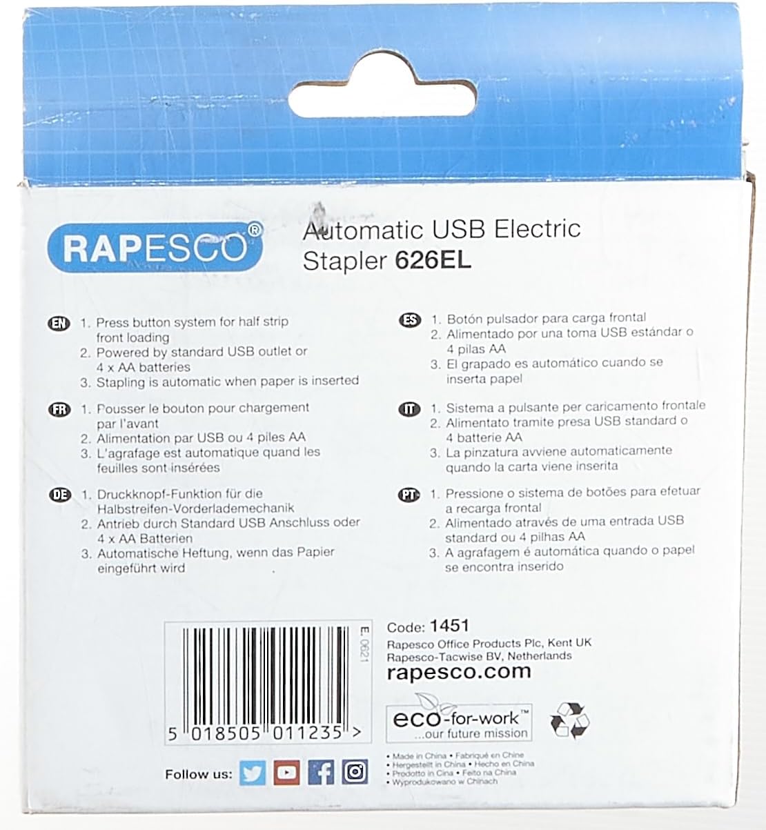 Rapesco 1451 626EL Automatic USB/Battery Stapler with 1000 26/6mm Staples, 15 Sheet Capacity, Candy Pink