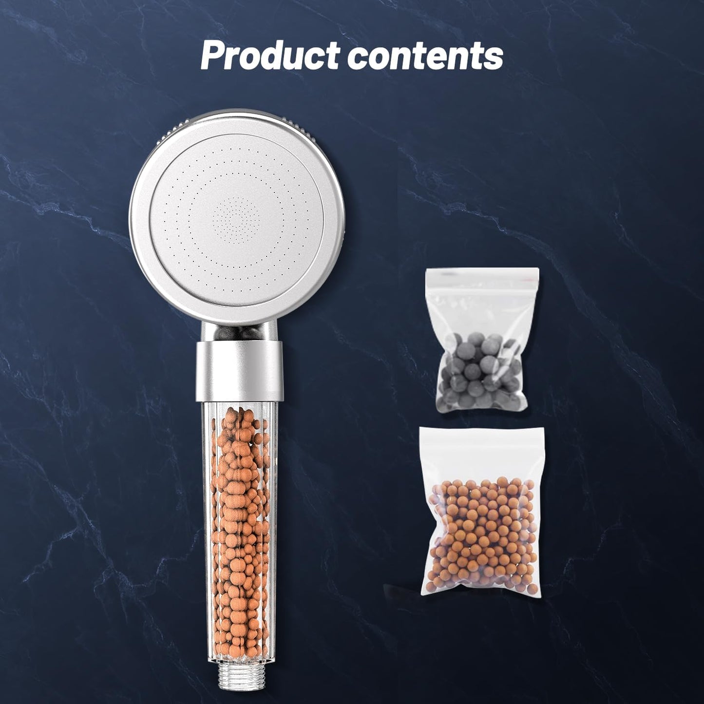 VEHHE Shower Head Powerful Flow with Beads Filter Pressure Boosting Shower Head Spray with 3 Modes Water Saving Bathing for Adults Children Pets Home and Gym Use (White)