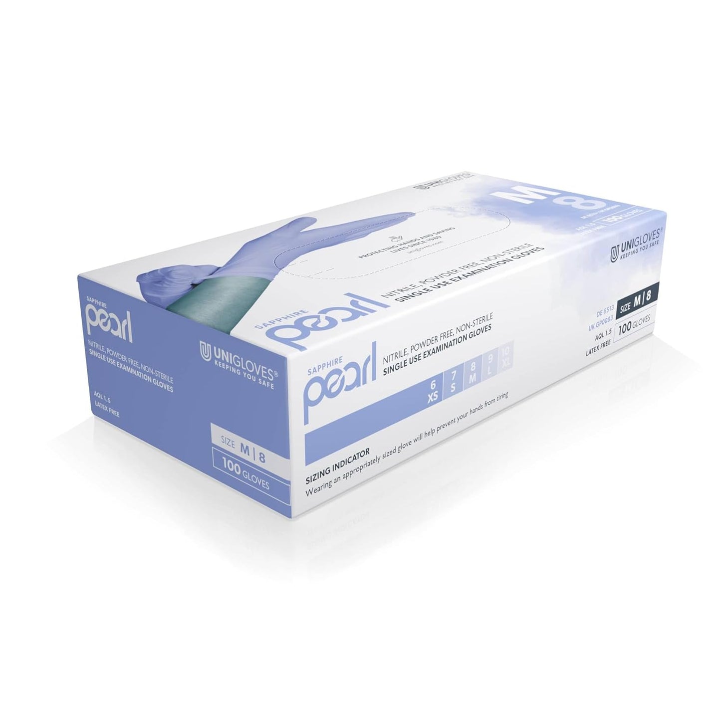 Unigloves Sapphire Pearl Nitrile Examination Gloves - Multipurpose, Powder Free and Latex Free Disposable Gloves - Box of 100 Gloves, Sapphire, Medium (GP0083)