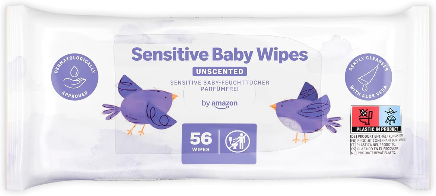 Amazon Brand – Mama Bear Sensitive Unscented Baby Wipes, 336 Count (6 Packs of 56)