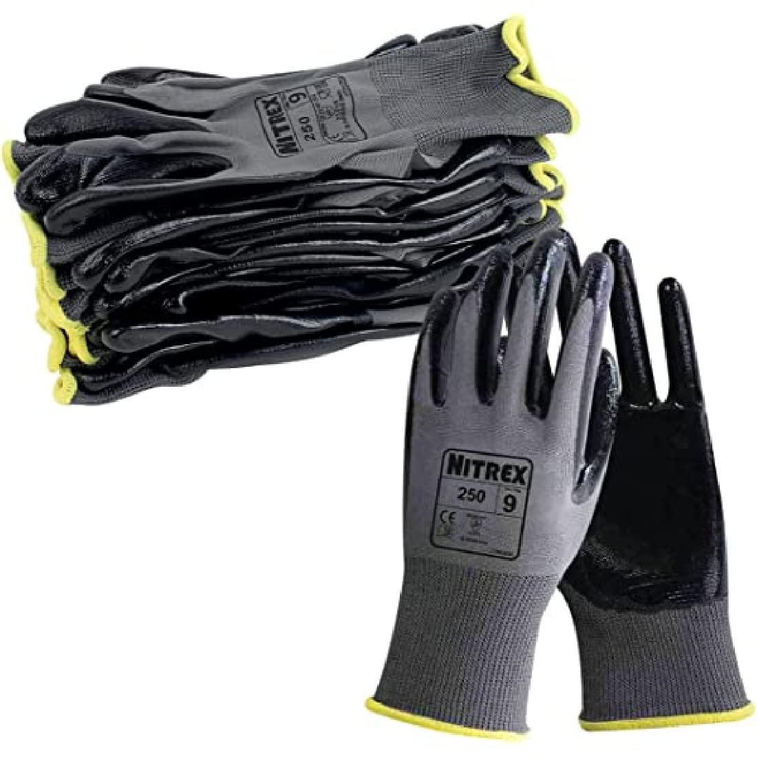 Nitrex 250 Work Gloves - General Handling Safety Gloves, Abrasion Resistant Nitrile Palm Coating, Polyester Liner, Enhanced Grip, Mechanical and Industrial Protection - 10 Pairs - Size 6