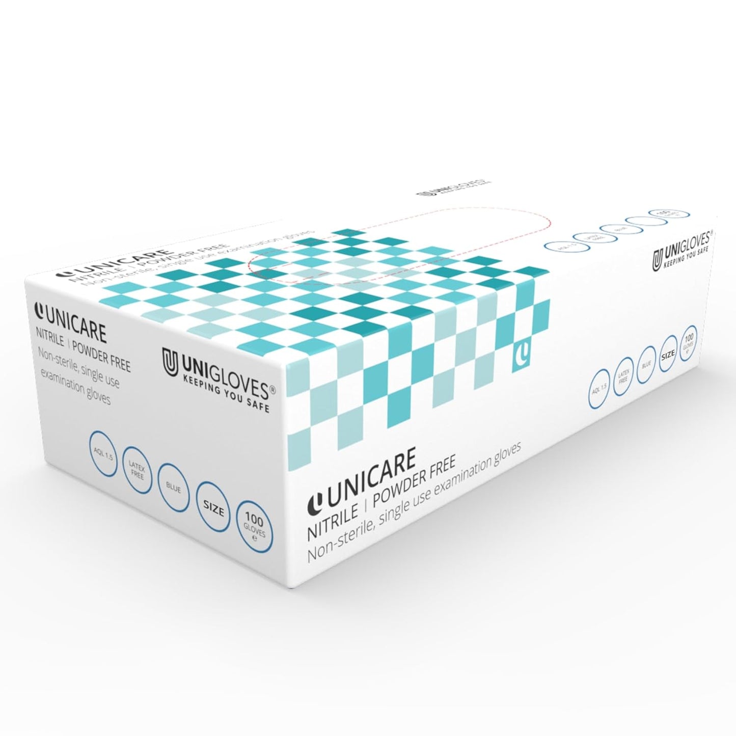 Unigloves Unicare Nitrile Examination Gloves - Multipurpose, Powder Free, Medical Grade Disposable Gloves - Box of 100 Gloves, Blue, Extra Small (GS0031)