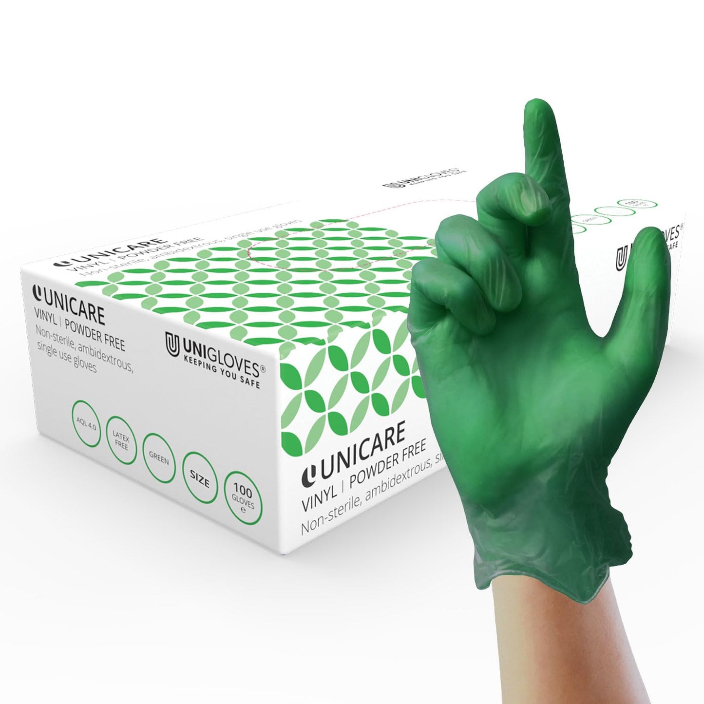 Unigloves Unicare Vinyl Disposable Gloves - Multipurpose, Powder and Latex Free Examination Gloves - Box of 100 Gloves, Green, Small (GS0122)