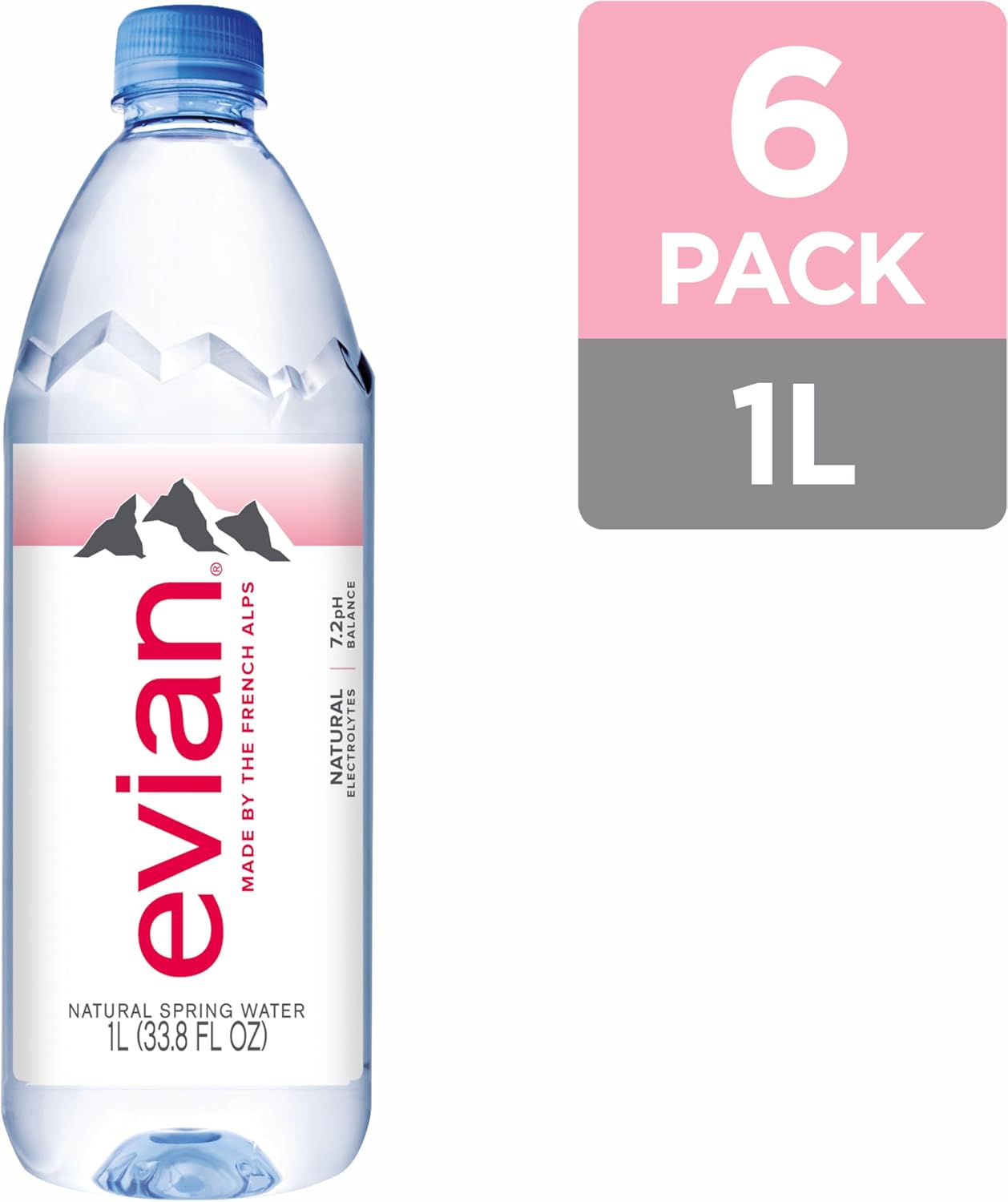 Evian Natural Spring Water, 1.0 Litre, 1000ml, 6-Count