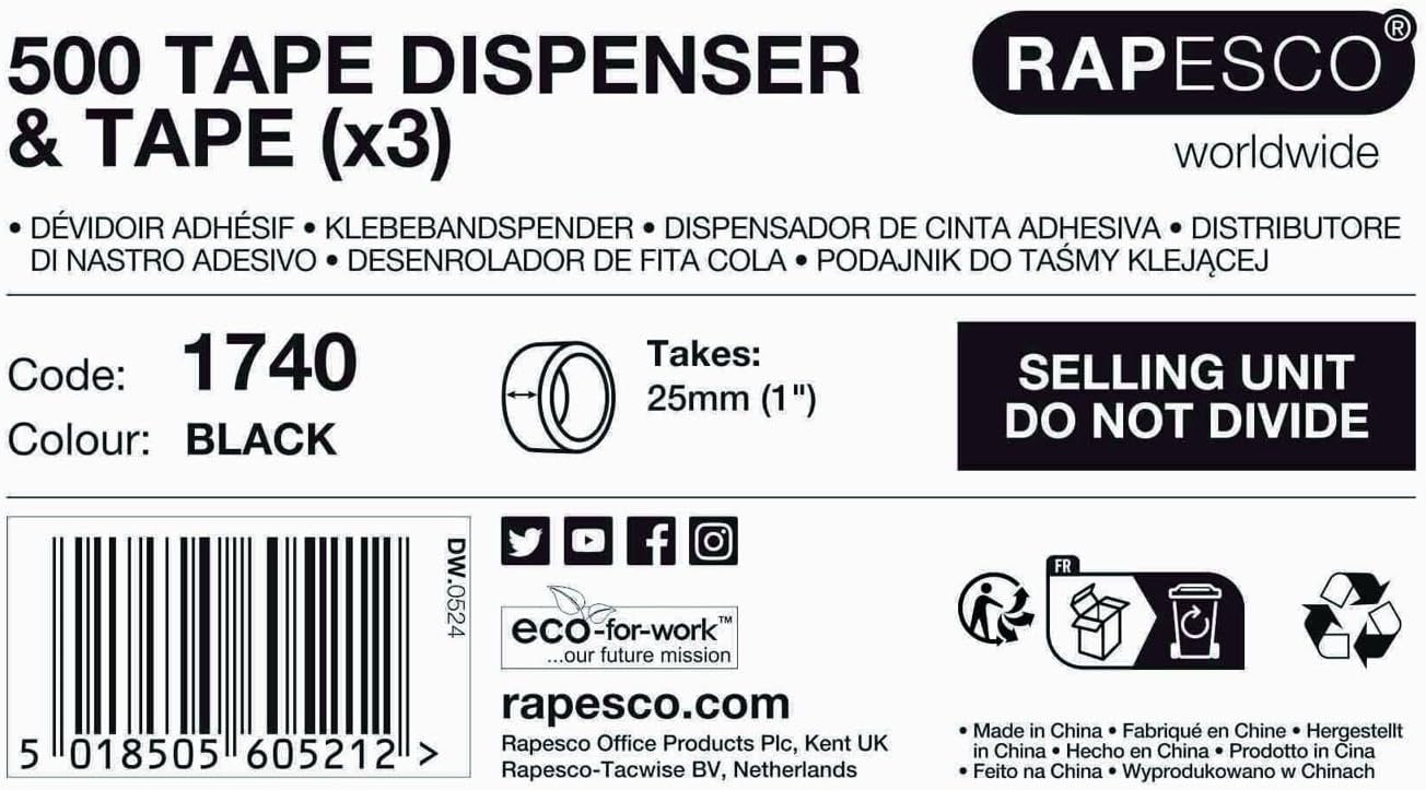 Rapesco 1740 Business Pack: 3 Germ-Savvy Antibacterial 500 Heavy-Duty Tape Dispensers and 3 Clear Tape Rolls, Black
