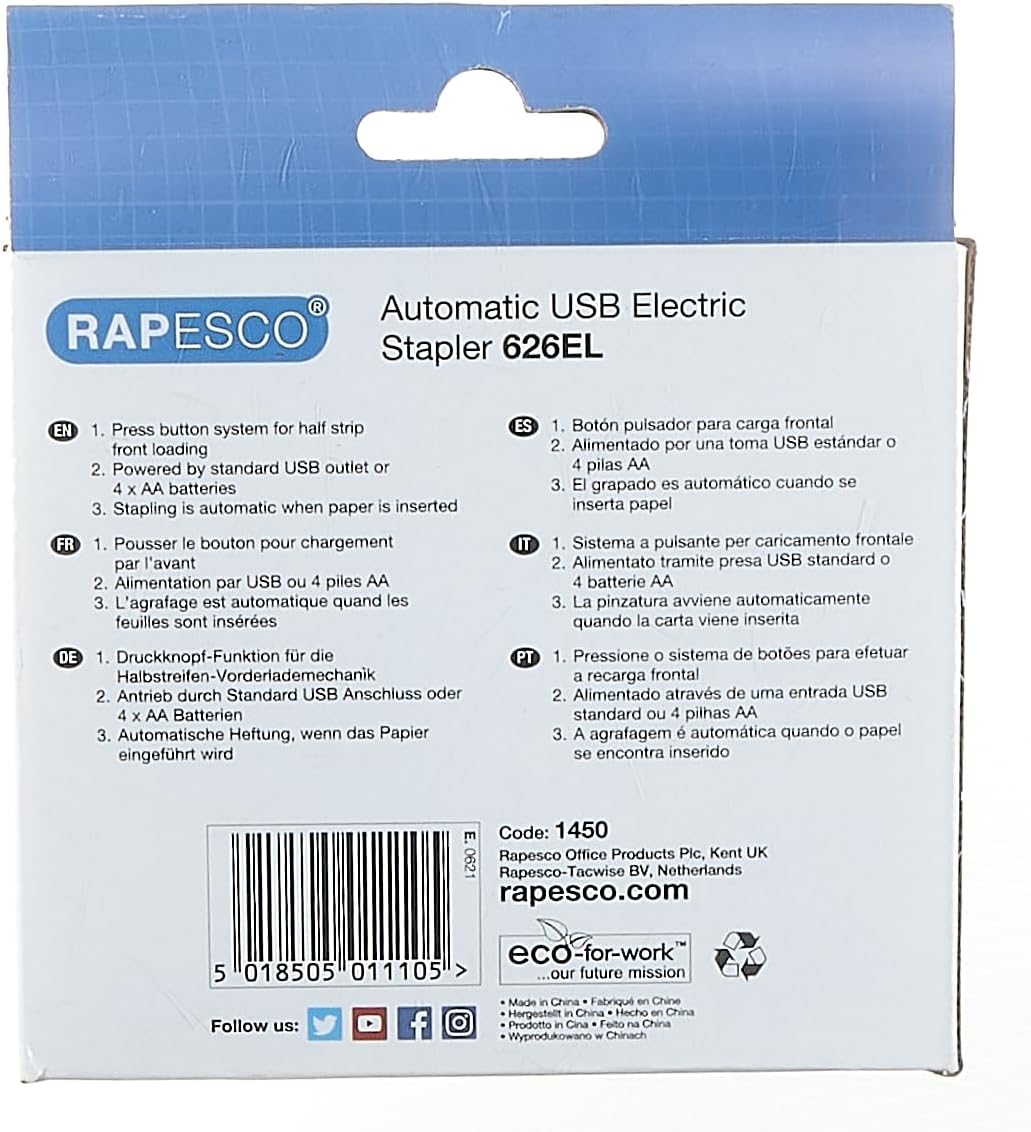 Rapesco 1450 626EL Automatic USB/Battery Stapler with 1000 26/6mm Staples, 15 Sheet Capacity, Transparent