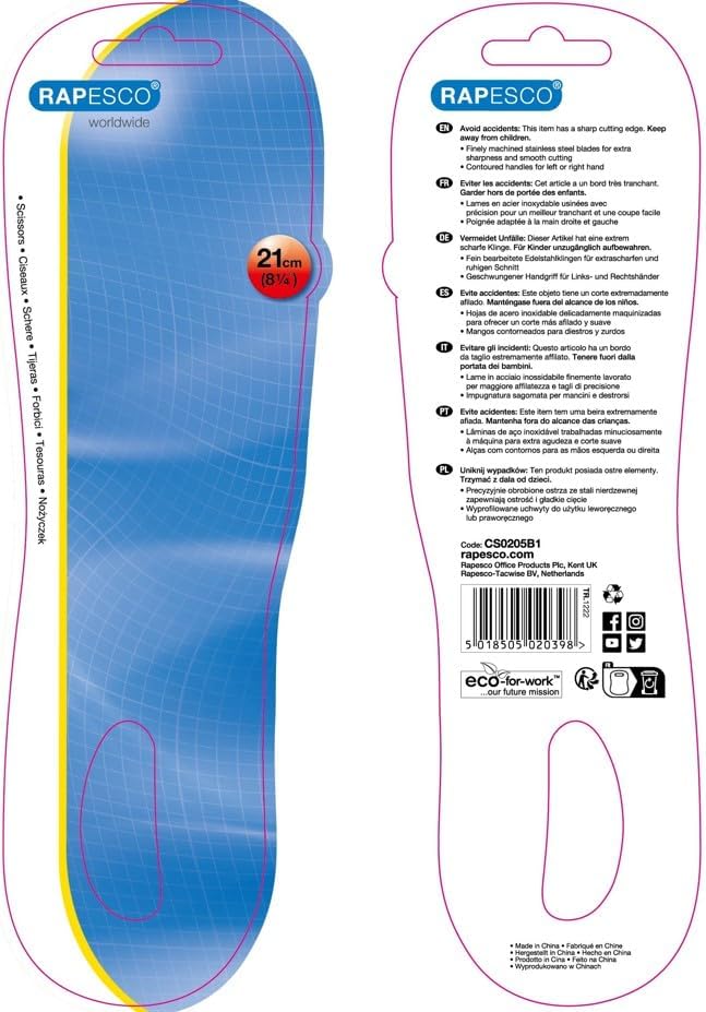 Rapesco CS0205B1 Essential 21cm Stainless Steel Scissors, Black