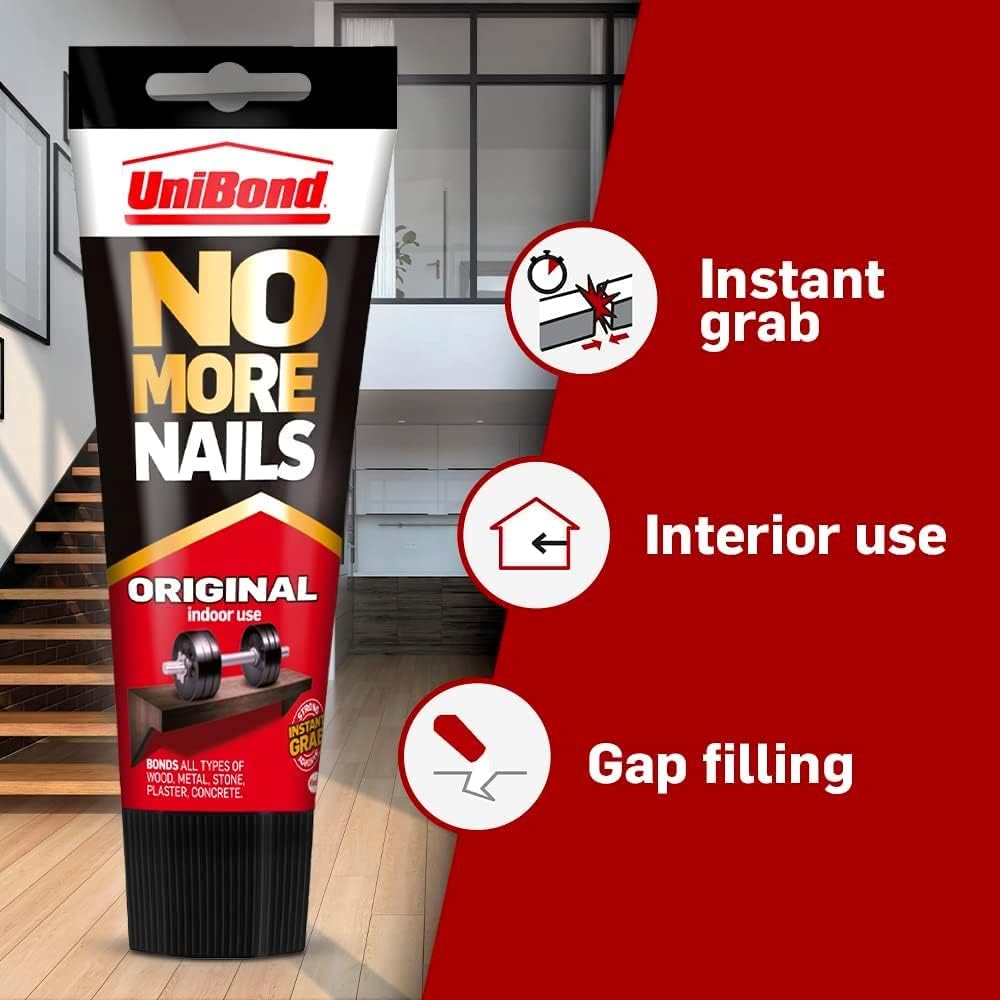 UniBond No More Nails Original, Heavy-Duty Mounting Adhesive, No Nails Strong Glue for Wood, Ceramic, Metal & More, White instant Grab Adhesive, 1 x 234g Tube