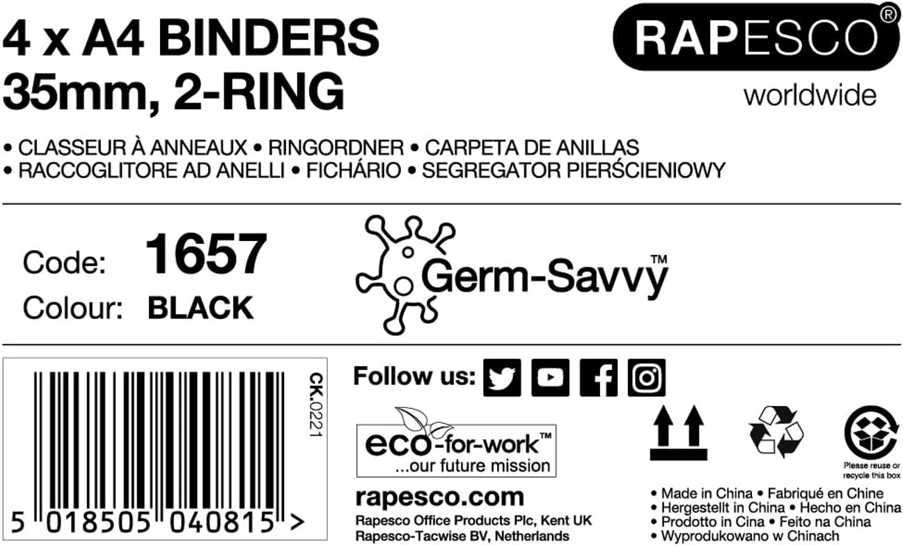 Rapesco 1657 2-Ring Binder with Antibacterial Protection, 35 mm Spine, A4, Black, Pack of 4