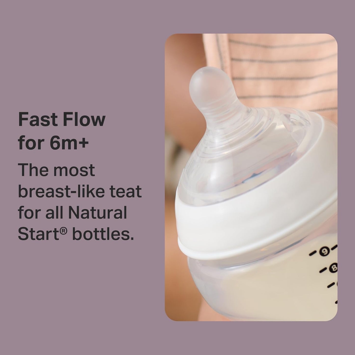 Tommee Tippee Natural Start Baby Bottle Teats, Fast Flow, 6+ Months, Breast-Like for a Natural Latch, Anti-colic Valve, Soft Silicone, Pack of 2