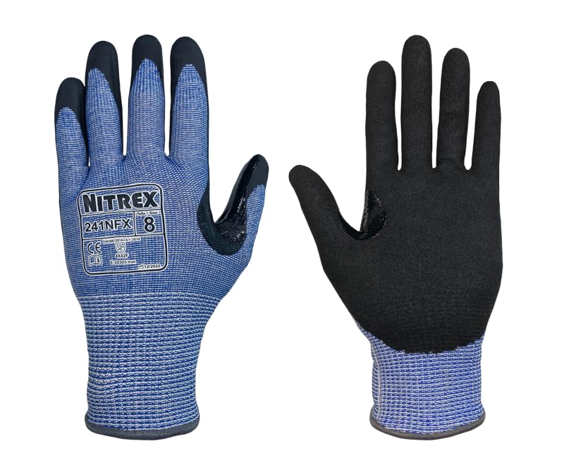 NITREX Unigloves 10 Pairs - General Handling High Level Cut Resistant Gloves with Sandy Nitrile Palm Coating, Featuring NitreGuard Technology and NitreGrip Technology in Black/Blue