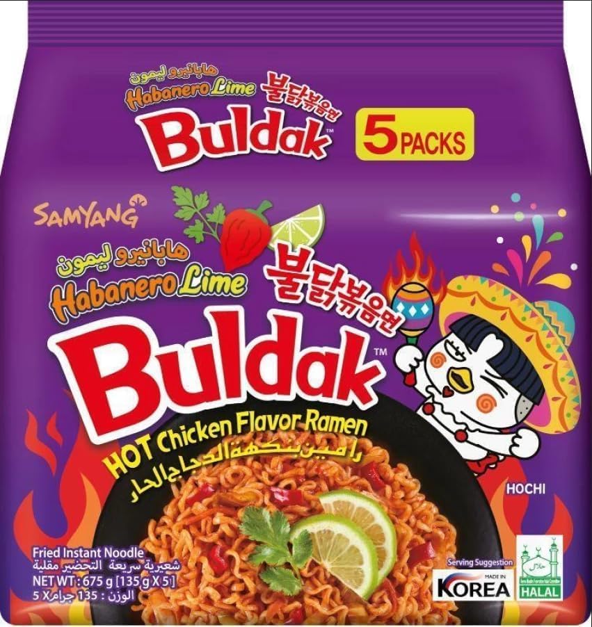 Samyang Chicken Ramen Noodles (140 x 5) Gram - Instant Korean Style Spicy Flavour - Quick & Delicious Instant Chewy Noodles (Pack of 1, Samyang Habanero Lime Noodles)
