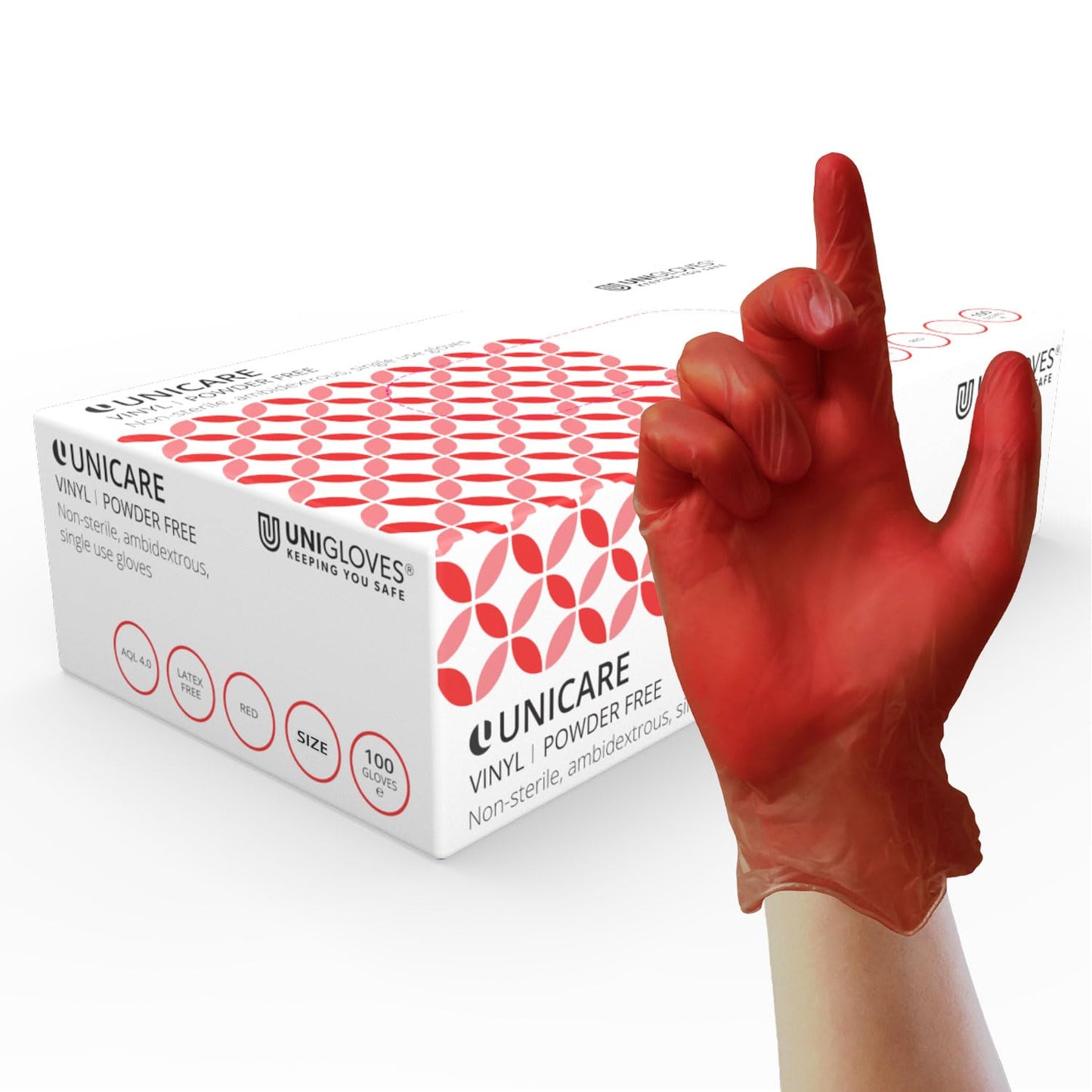 Unigloves Unicare Vinyl Disposable Gloves - Multipurpose, Powder and Latex Free Examination Gloves - Box of 100 Gloves, Red, Small (GS0112)