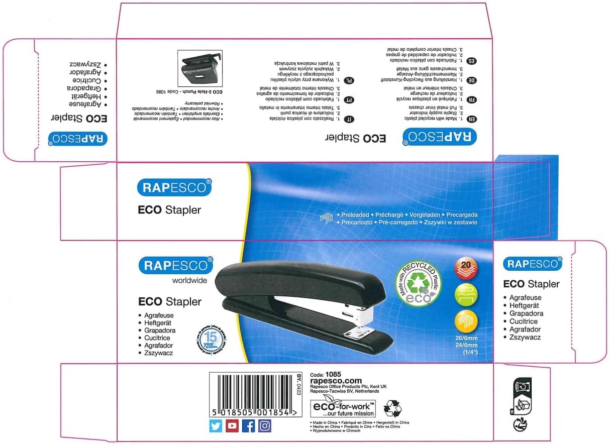 Rapesco 1085 ECO Full Length Stapler, 20 Sheet Capacity, Black