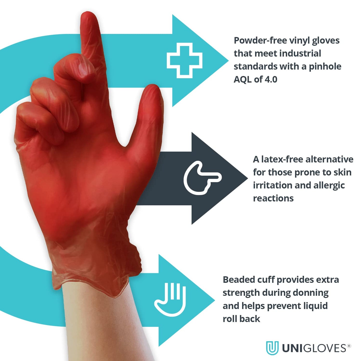Unigloves Unicare Vinyl Disposable Gloves - Multipurpose, Powder and Latex Free Examination Gloves - Box of 100 Gloves, Red, Small (GS0112)
