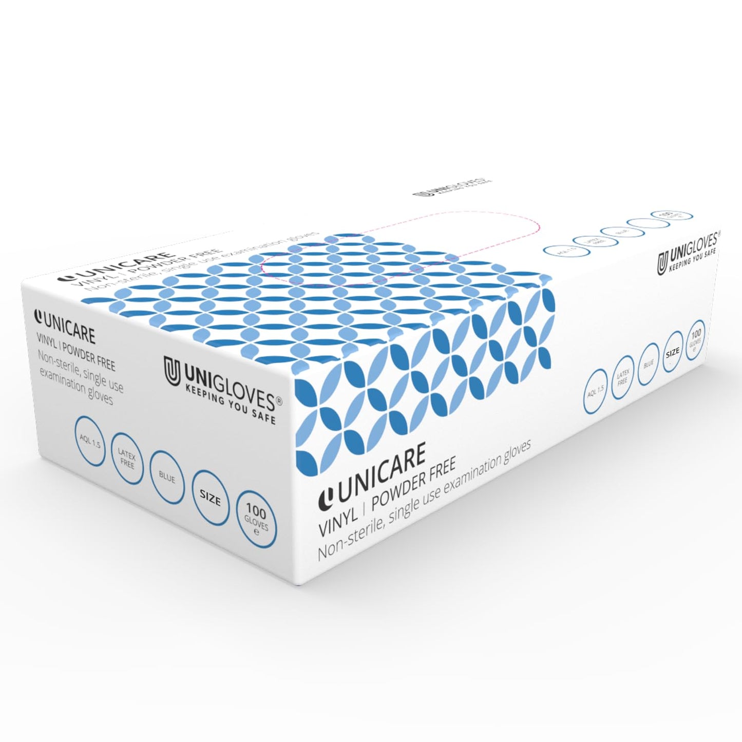 Unicare Vinyl Examination Glove, Medical Grade EN455, Medium Weight, Box of 100 Gloves, Blue, Size Small (GS0082-A)