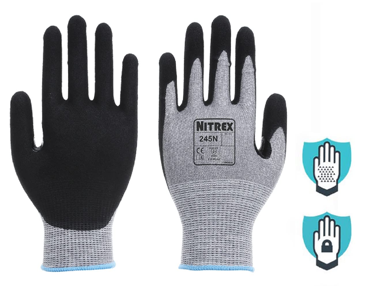 Nitrex 245N Work and Safety Gloves, Bag of 10 Pairs, Size 7 - D Rated Cut Resistant Gloves with Sandy Nitrile Palm Coating
