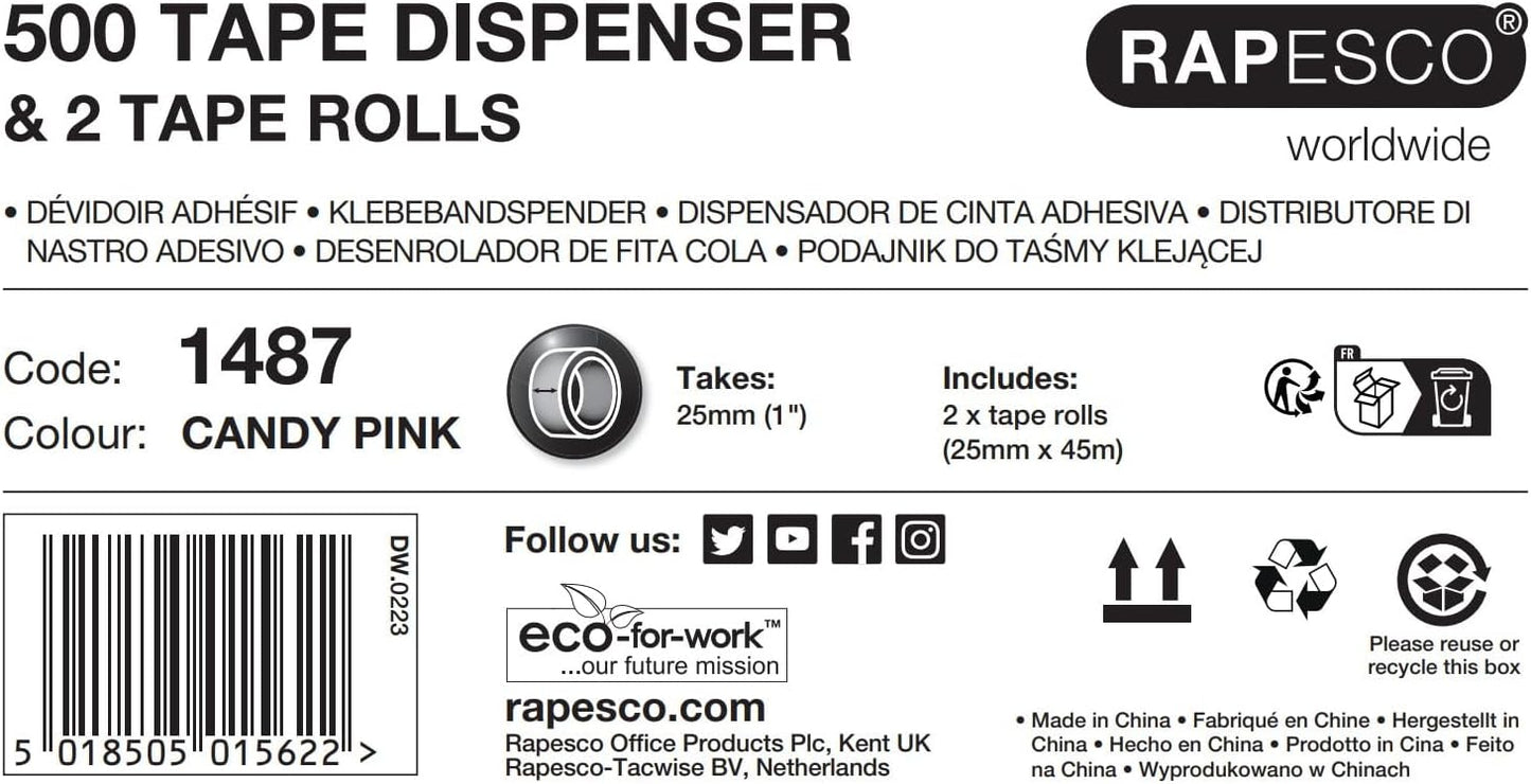 Rapesco 1487 500 Heavy Duty Tape Dispenser with 2 Tape Rolls, Candy Pink