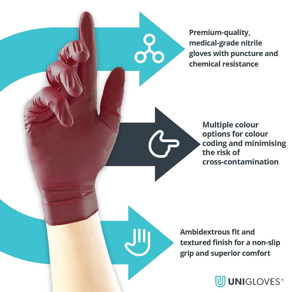 Unigloves Burgundy Pearl Nitrile Examination Gloves - Multipurpose, Powder Free and Latex Free Disposable Gloves - Box of 100 Gloves, Burgundy, Medium (GP0123)