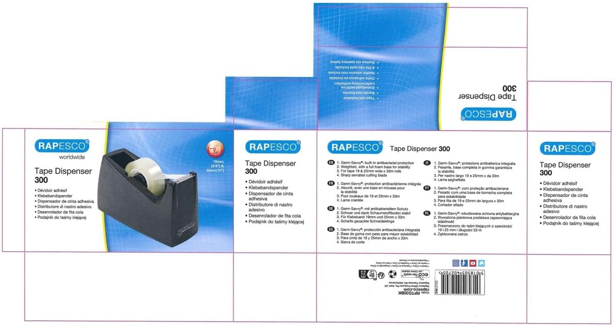 Rapesco RPTD30BK 300 Tape Dispenser for Small Core Tape, Tape Not Included, Black