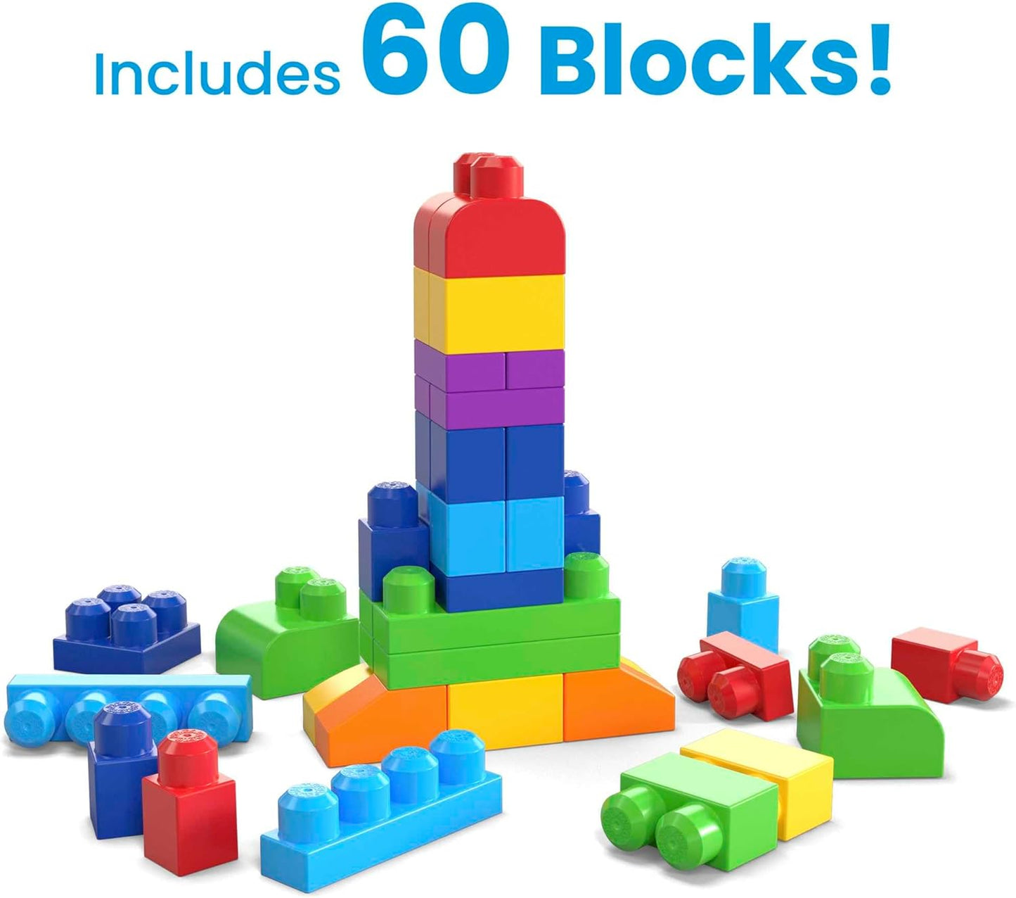MEGA BLOKS Big Building Bag building set with 60 big and colorful building blocks, and 1 storage bag, toy gift set for ages 1 and up, DCH55