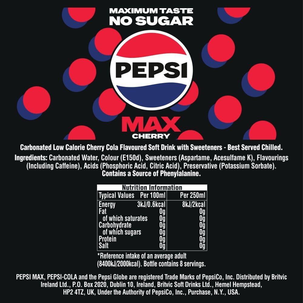 Pepsi Max Cherry No Sugar Cola Cans 24 x 330ml