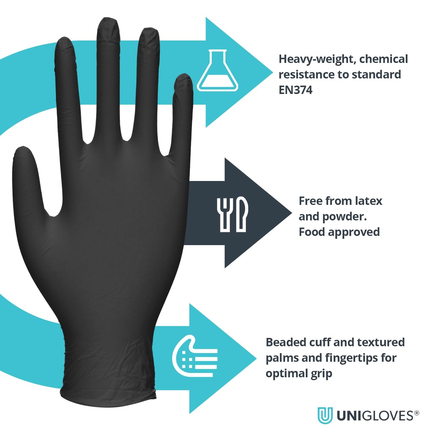 Unigloves PRO.TECT Black GA0044 Nitrile Single Use - Multipurpose, Powder Free Disposable Gloves, Box of 100 Gloves, Black, Large